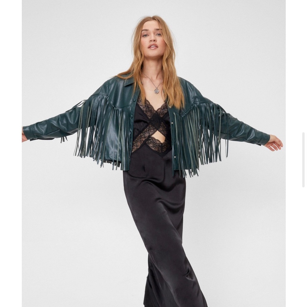 Nasty Gal Green Western Faux Leather Fringe Jacket